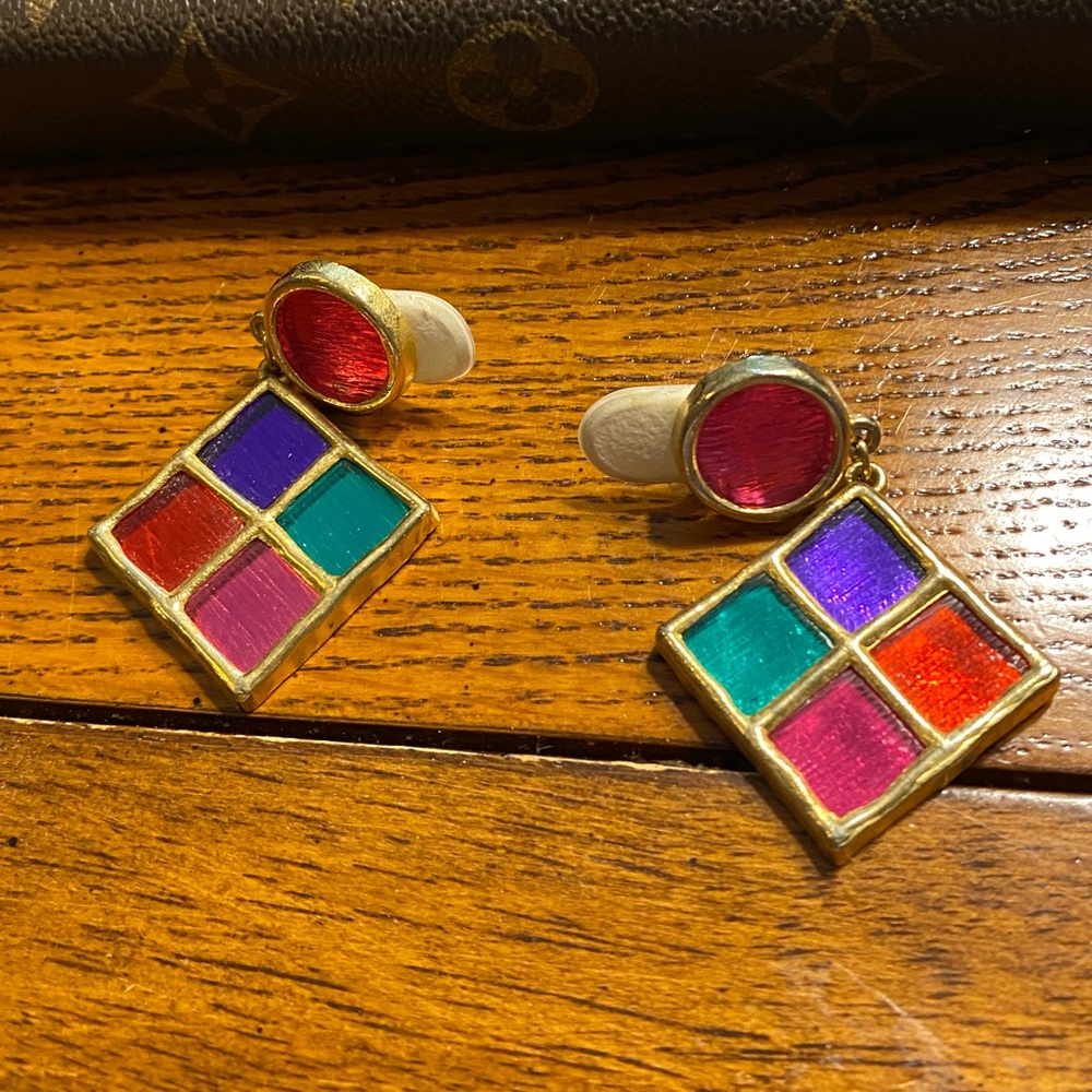 Chunky fun Vintage resin Modern geometric multi colored brooch and earrings